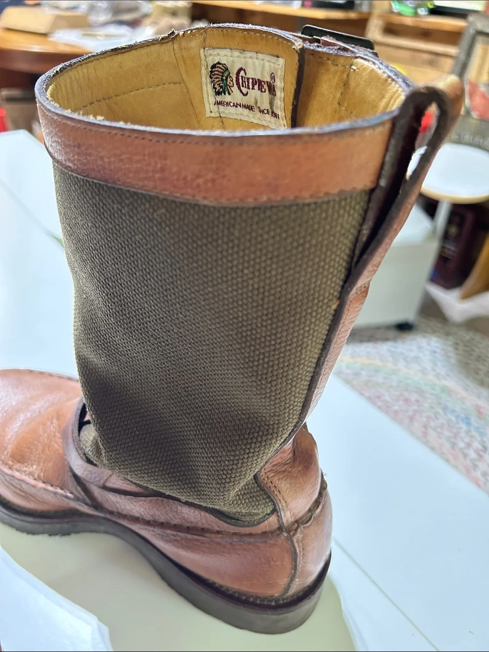 Chippewa Snake Boots Brown / Olive Canvas Leather Boots 6EE